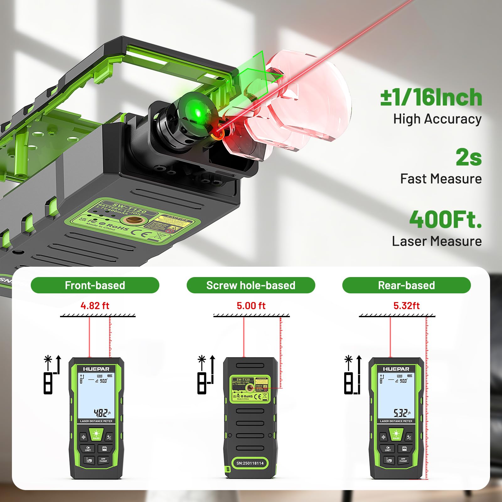 Huepar digital tape measure captures indirect heights via Pythagoras.