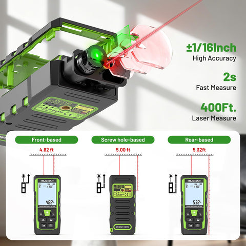 Huepar digital tape measure captures indirect heights via Pythagoras.