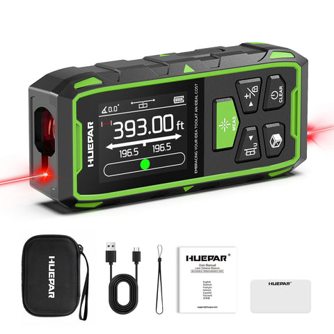 Huepar dual-laser distance meter showing long-range accuracy up to 393 feet.