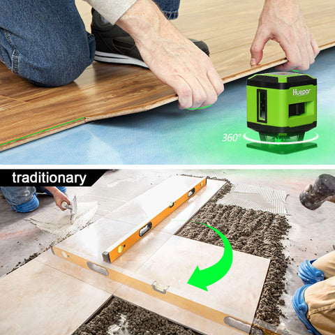 Huepar FL360G 360-degree green laser coverage supports full-room alignment.