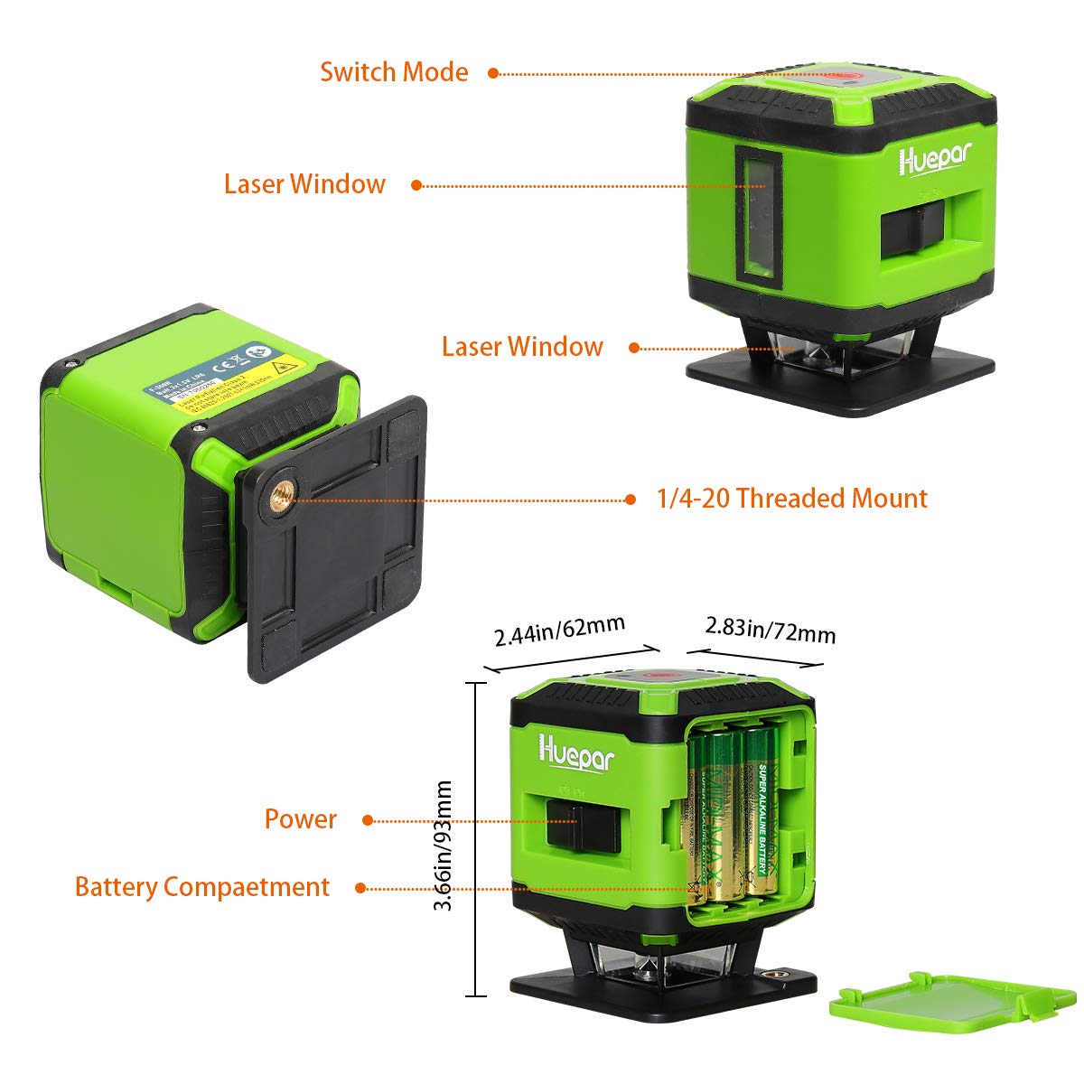 Huepar FL360G battery life lasts up to six hours on AA batteries.