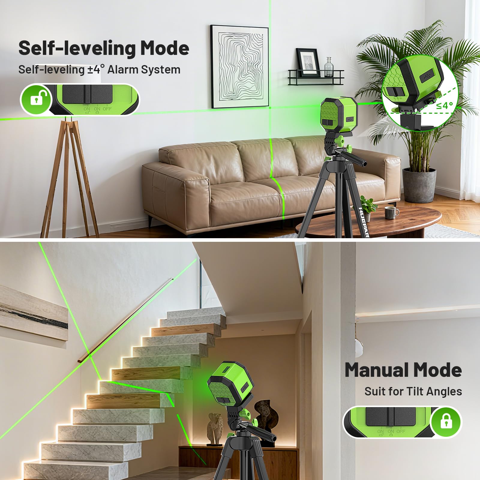 Huepar green beam offers high visibility for indoor alignment.
