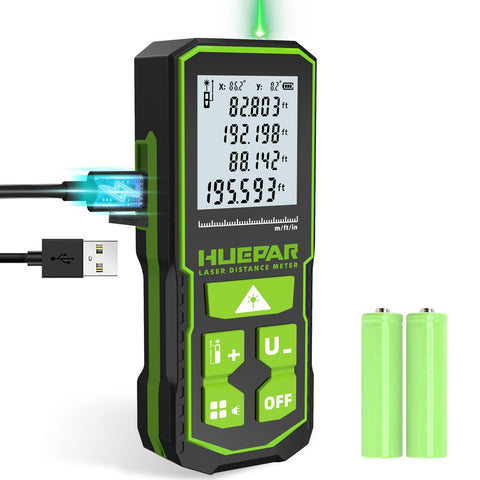 Huepar green laser measuring tool, front view, bright beam enables precise indoor measurements.
