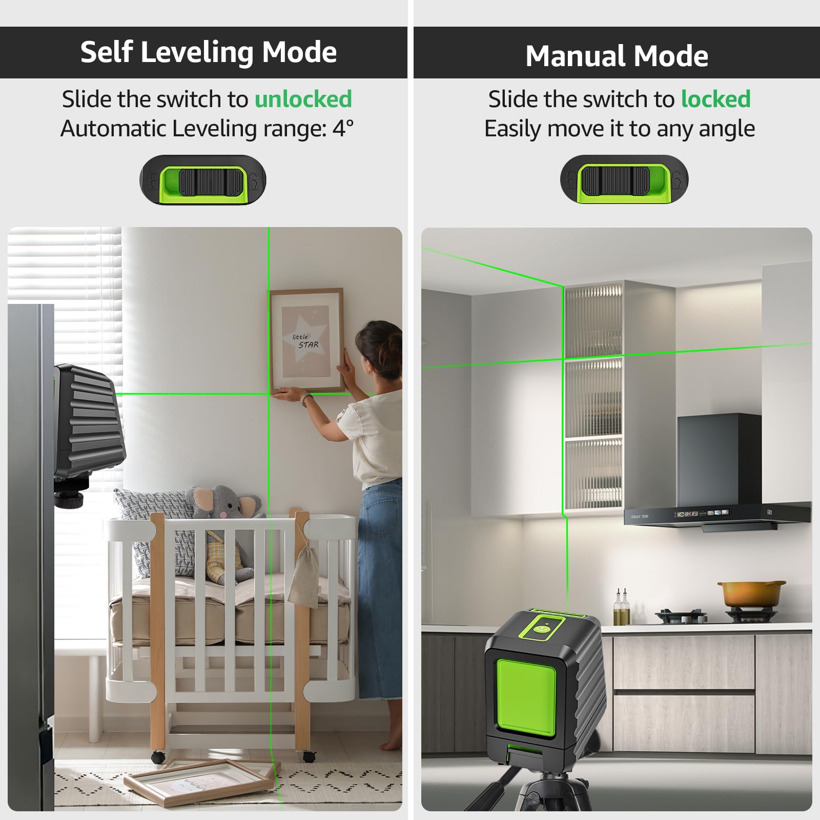 Huepar BOX-1G bright green laser line visible indoors for picture hanging.