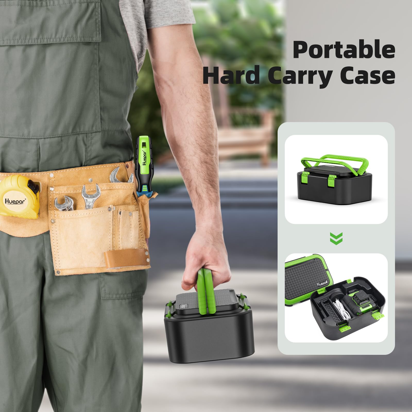 Huepar HM03CG kit includes case, bracket, and charger
