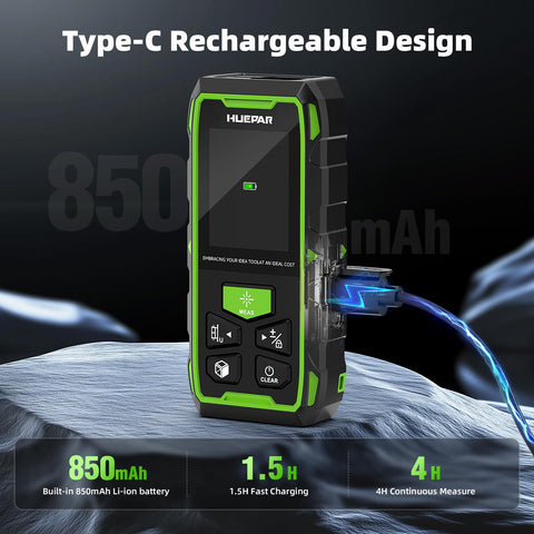 Huepar indoor cloudy-day use-friendly laser distance meter with clear display.