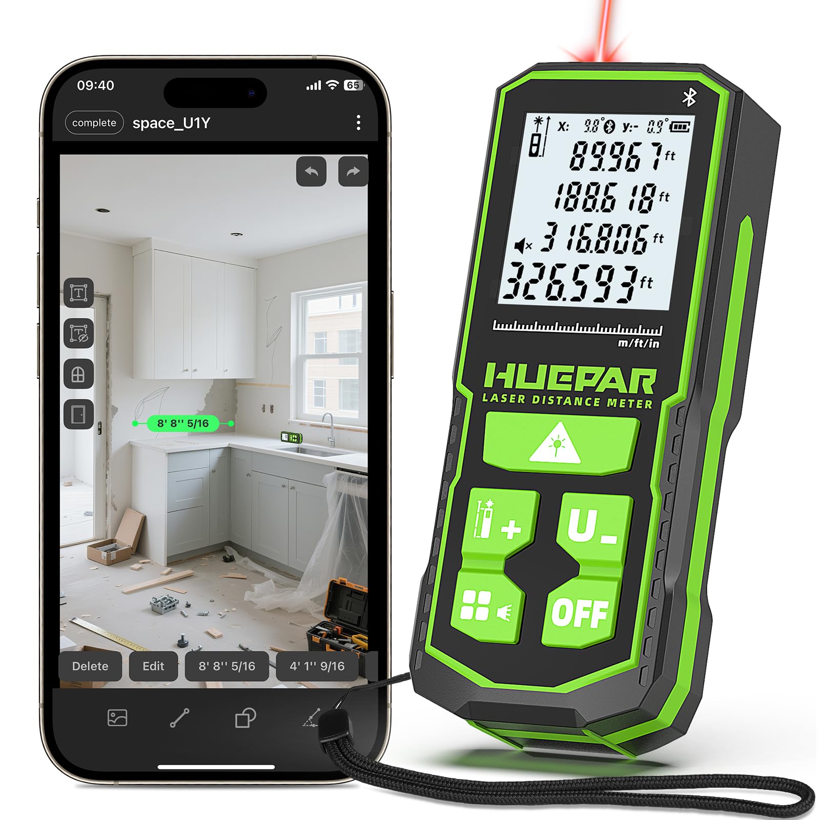 Huepar handheld laser distance measure with 330ft range and precise on-site readouts