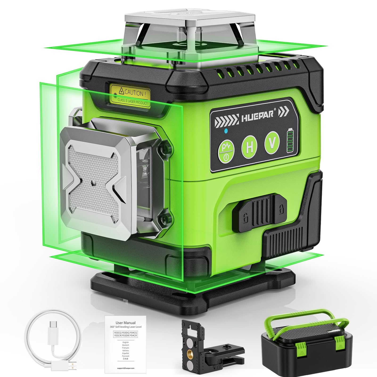 Huepar laser level 360 top view showing compact design for site setup