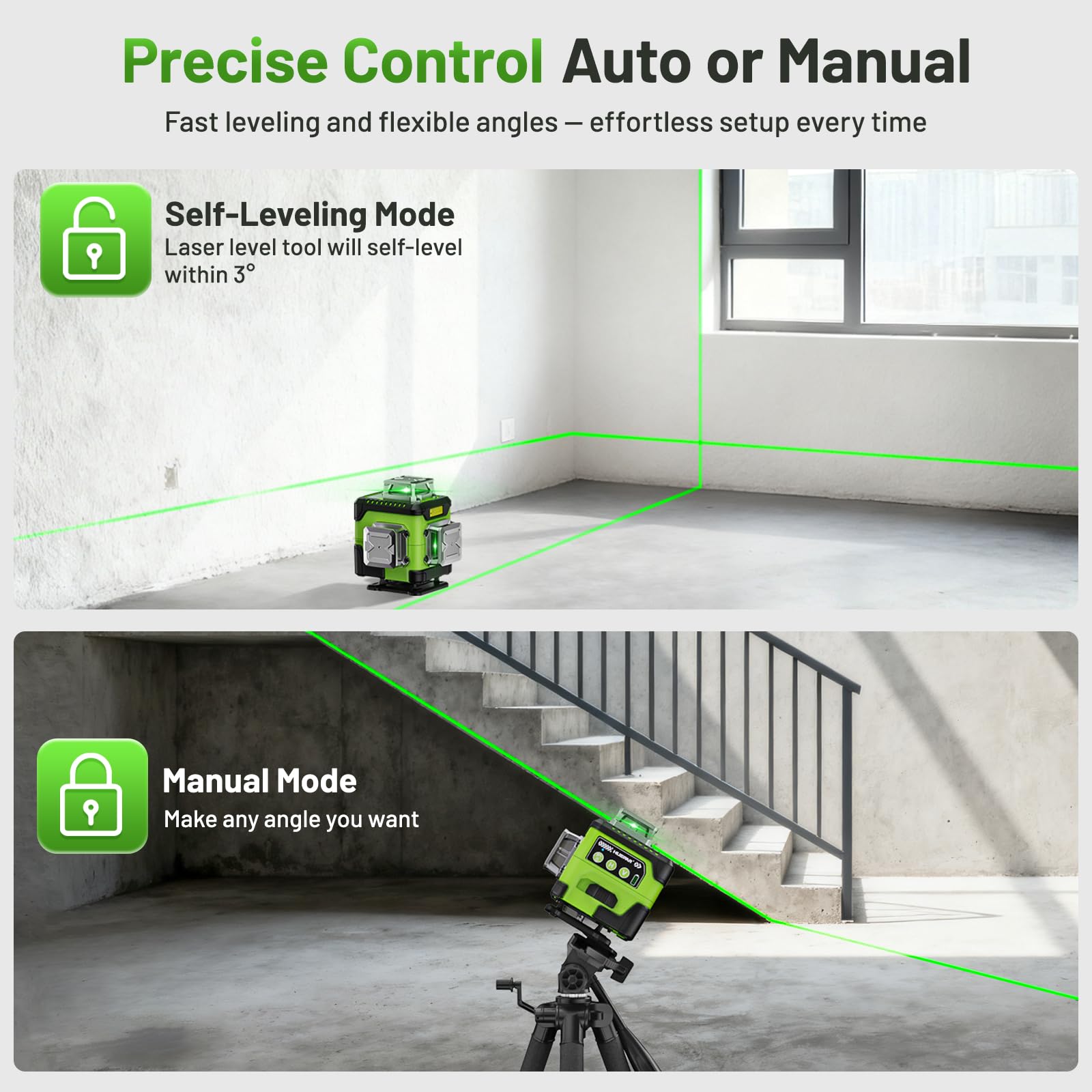 Huepar laser level shows four 360° planes for full room layout