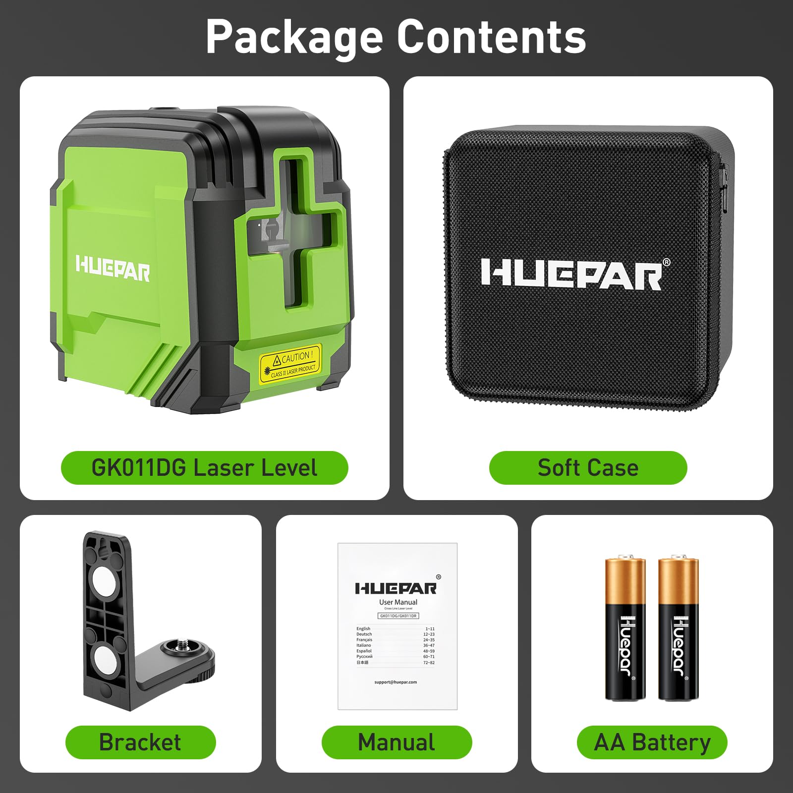 Huepar laser level batteries included for immediate use.