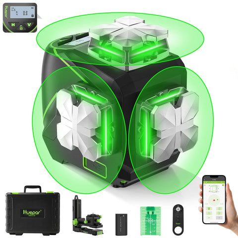 Huepar laser level front view showing bright green beams for quick alignment