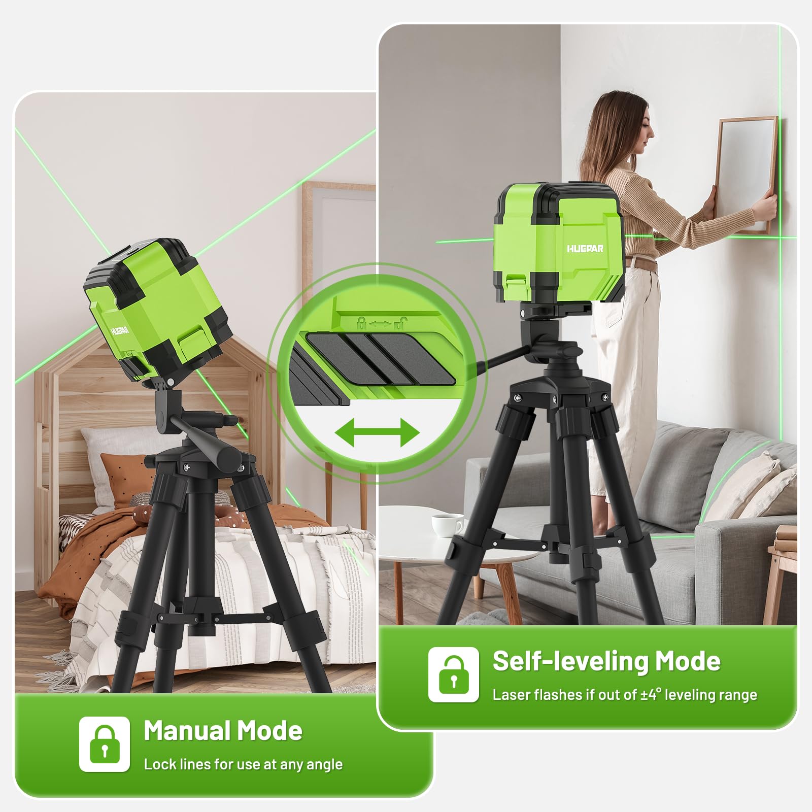 Huepar laser level green beam precision for bright visibility in bright rooms.