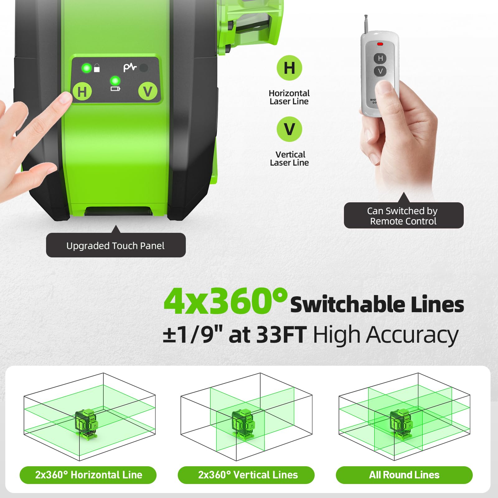 Bright green Huepar laser visibility for indoor and outdoor reference lines.