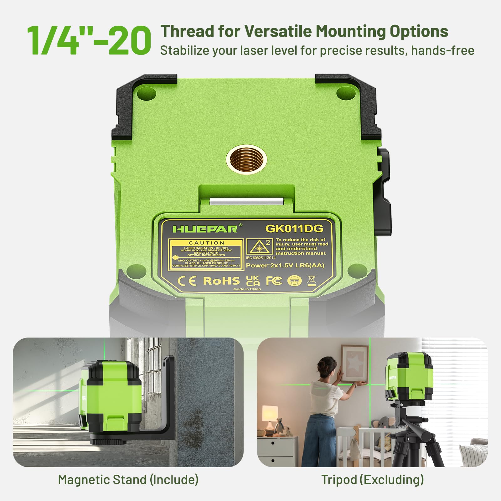 Huepar laser level IP54 rugged design withstands worksite dust, water, and bumps.