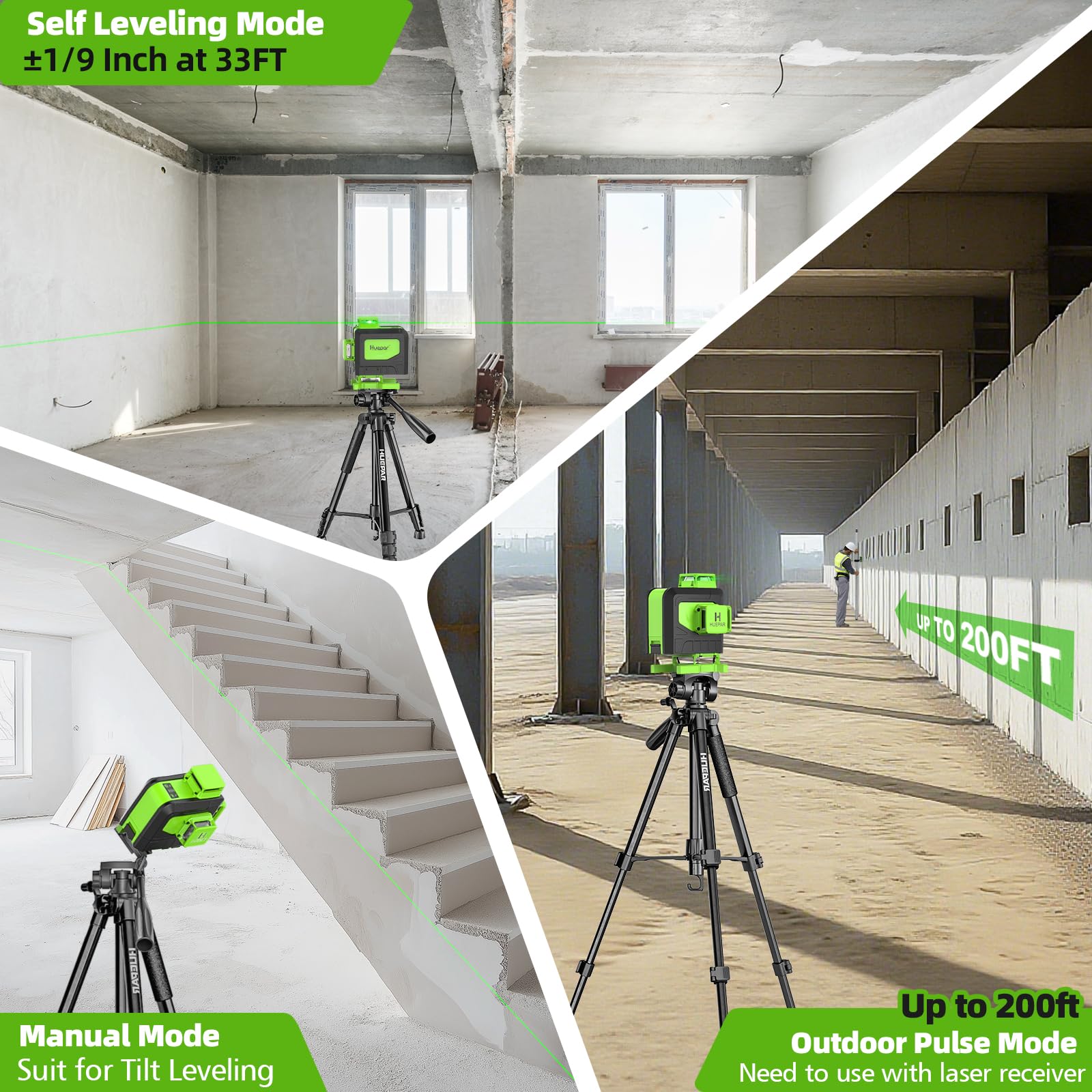 Manual mode on Huepar laser level for stairs and angled installations.