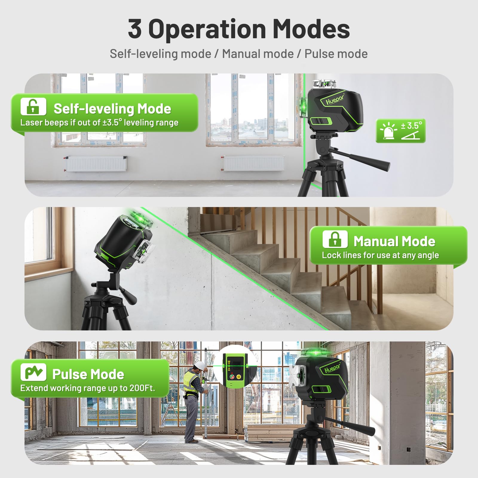 Huepar laser level pulse mode extends range with receiver