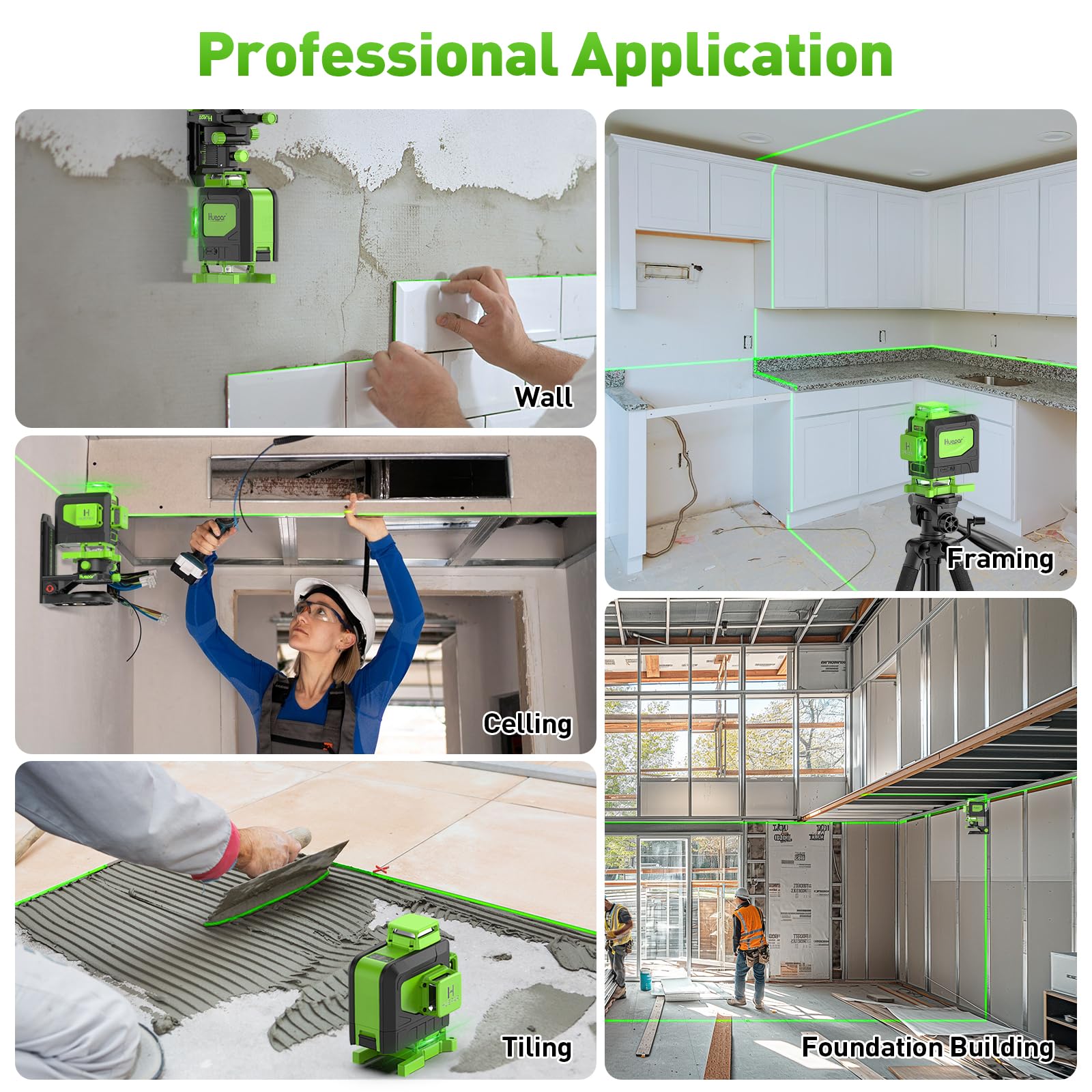 Huepar laser level in self level mode for quick, accurate leveling.