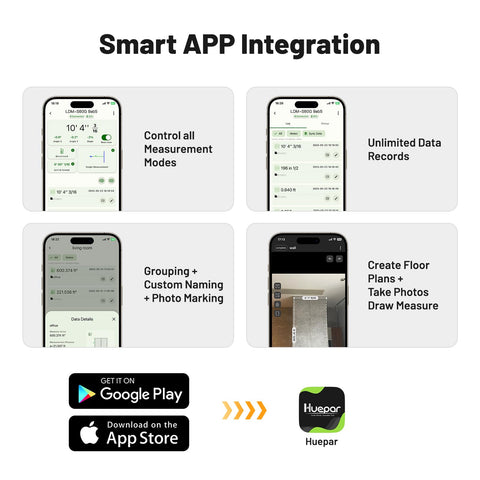 Huepar tool connected via Bluetooth app showing synced measurements