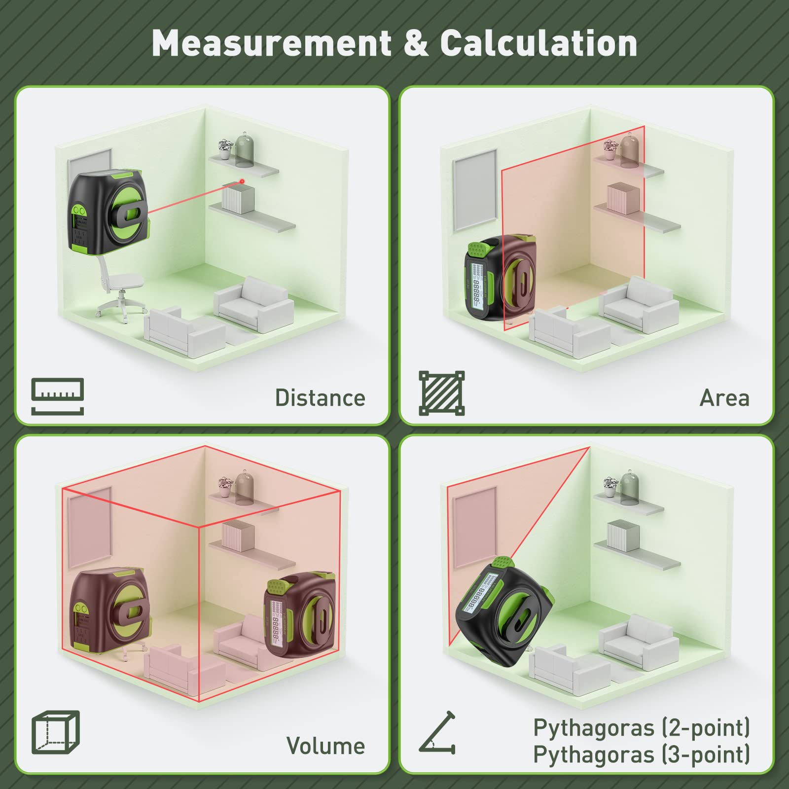 Huepar laser tape measure backlit LCD enables reading in dim light