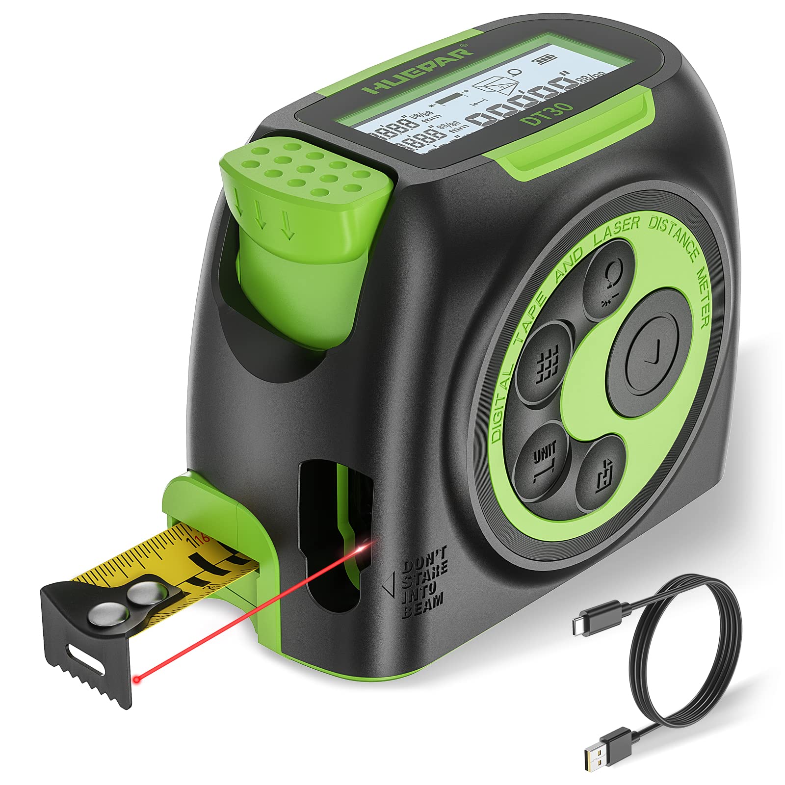 Huepar laser tape measure front view showing compact design for quick distance checks