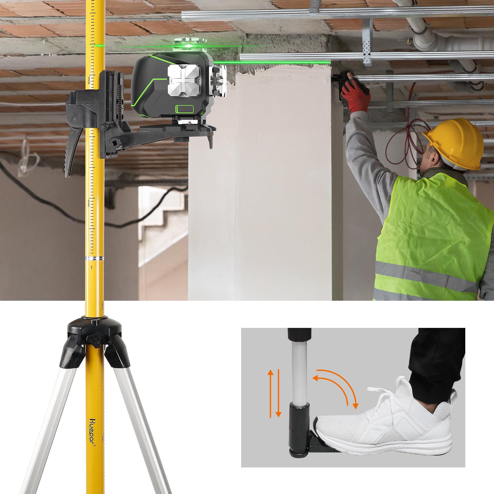 Four telescopic rod sections on Huepar LP36 extend reach