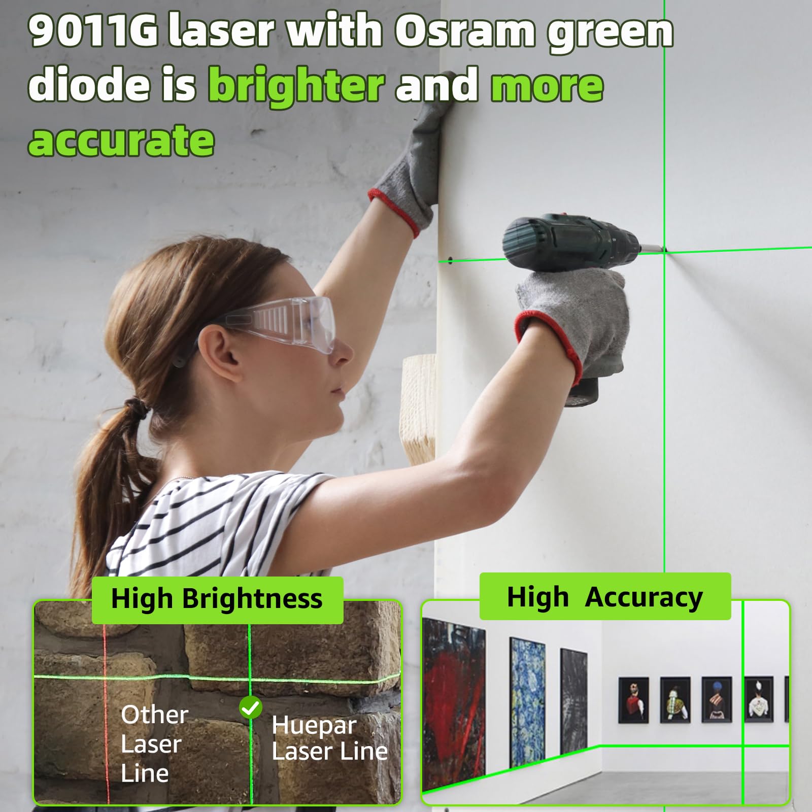 Huepar M-9011G brighter-laser in action provides crisper lines for indoor spaces