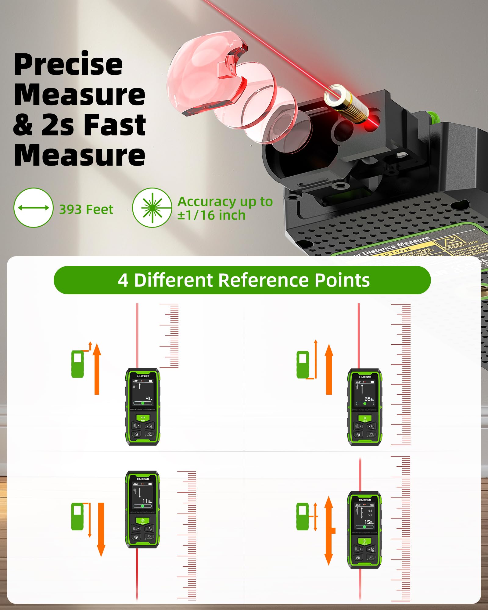 Huepar magnetic back for hands-free placement on metal surfaces.