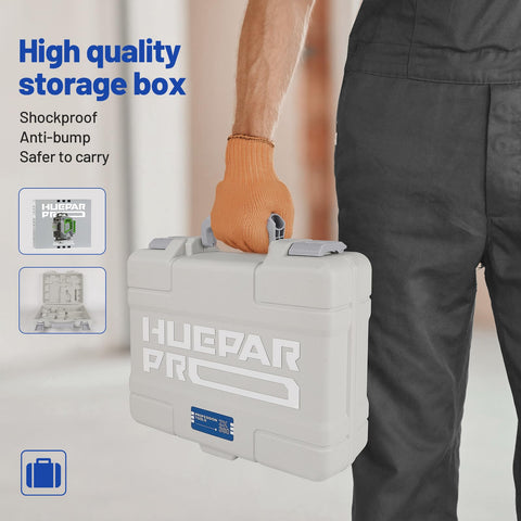 Huepar Pro hard carry case protects equipment during transport.