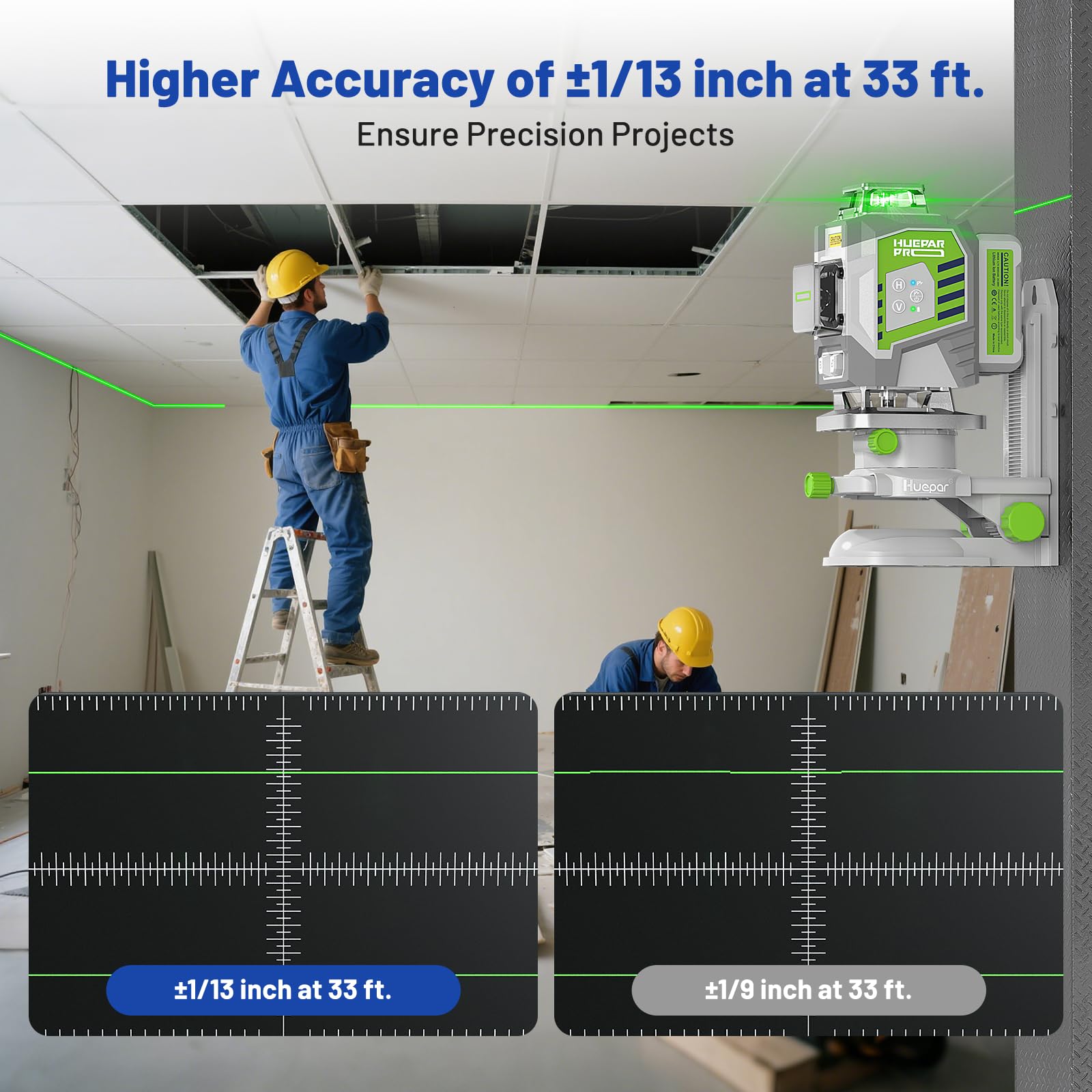 Huepar Pro green cross lines provide high visibility for precise interior layouts.