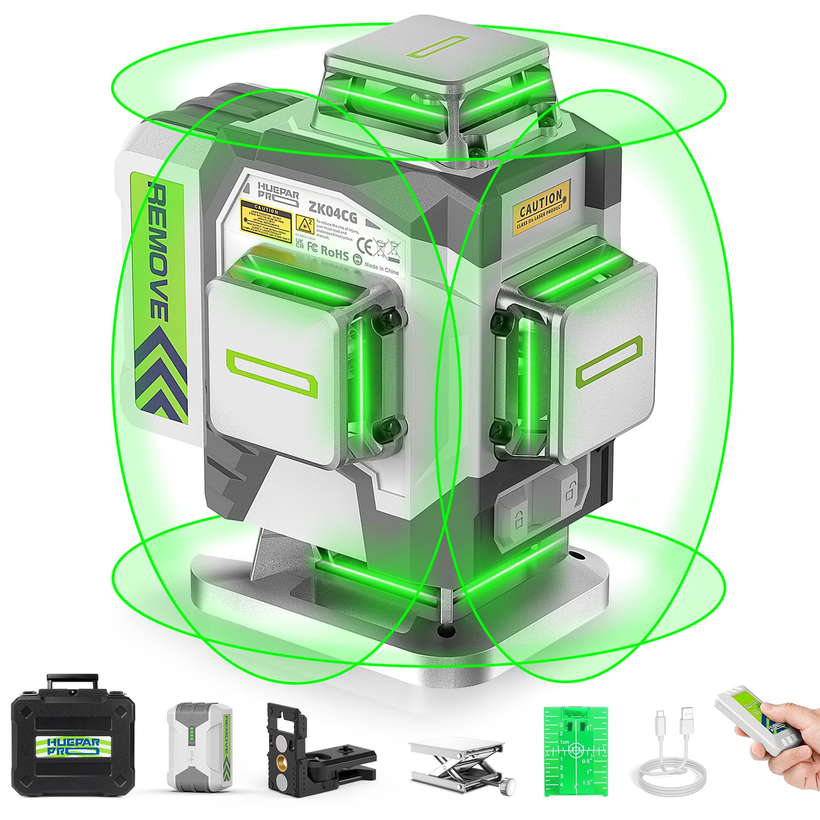 Huepar Pro laser level projects four 360-degree green cross beams for precise alignment.