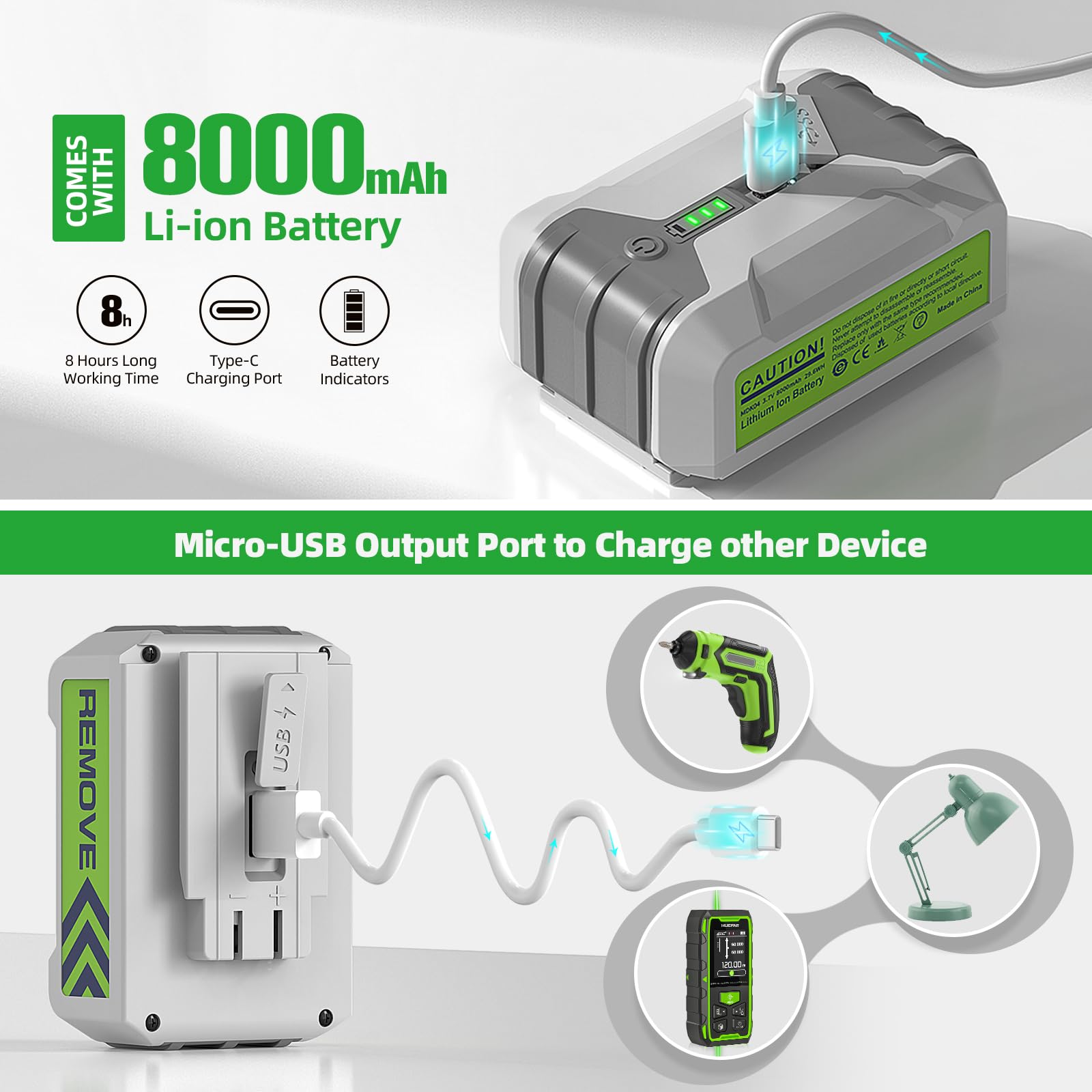 Huepar Pro 8000mAh battery powers all beams for hours of construction work.