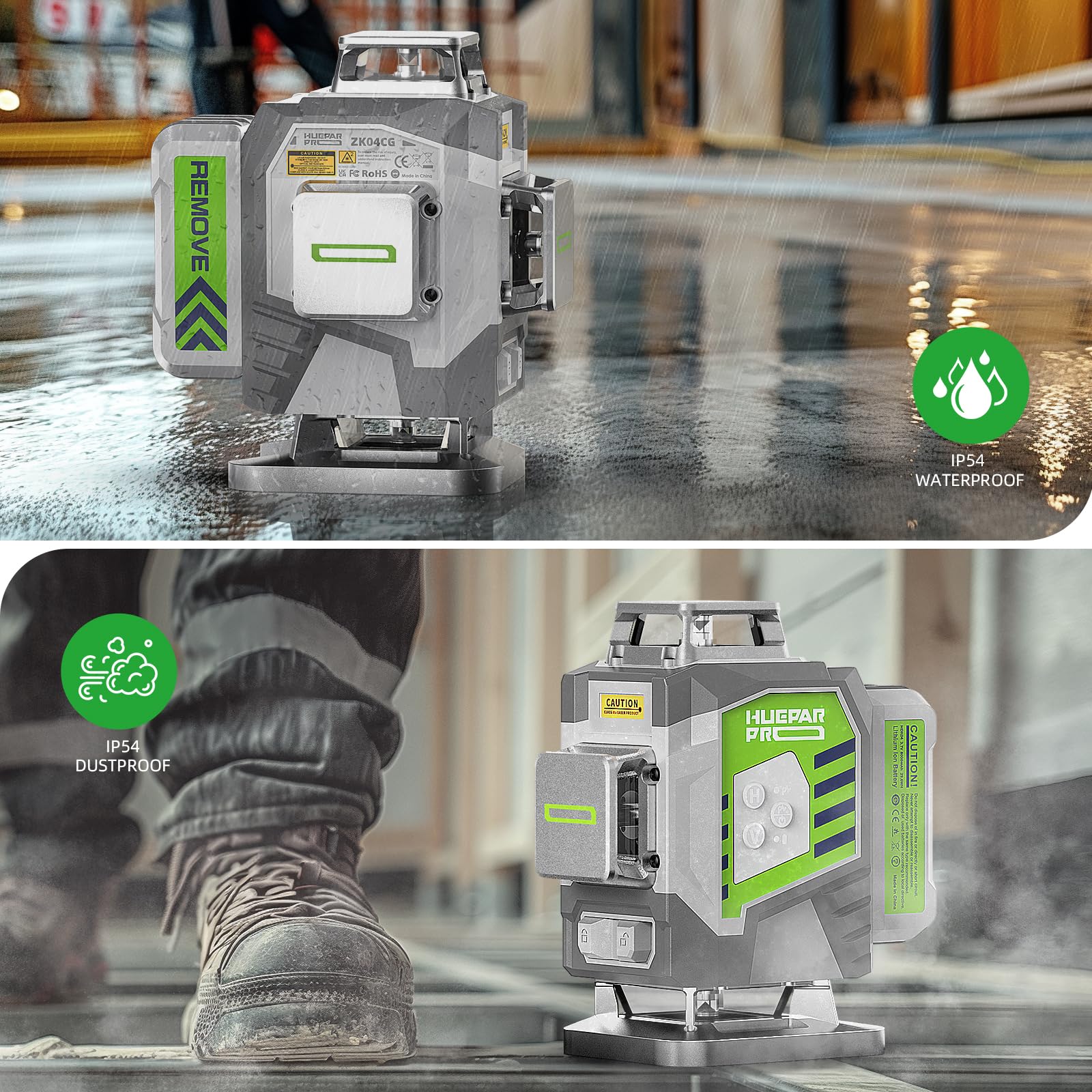 Huepar Pro lifting base adjusts line height for uneven surfaces on site.
