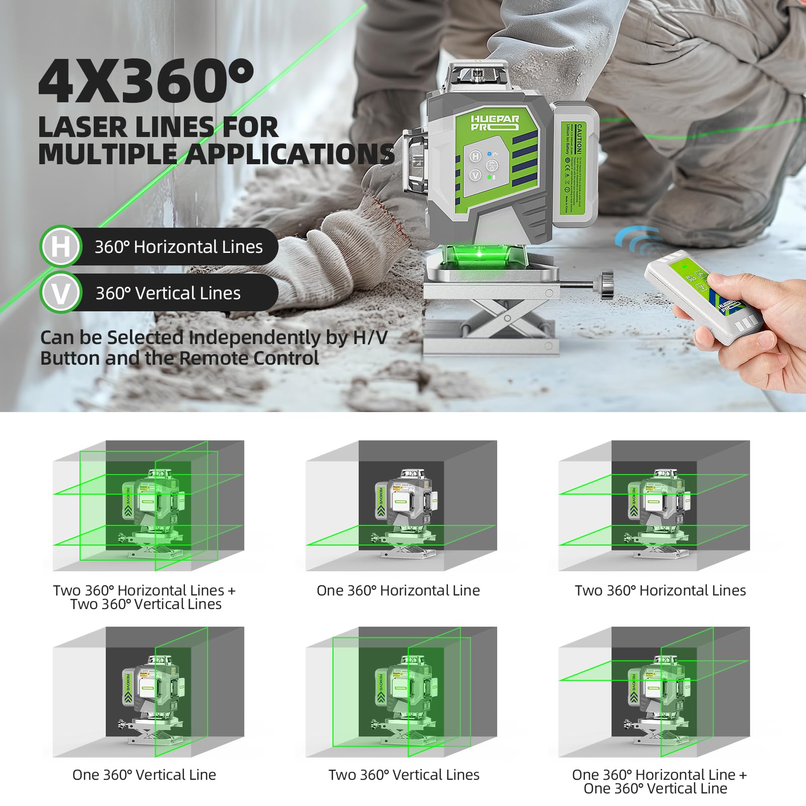 Huepar Pro remote control enables hands-free beam activation and mode switching.