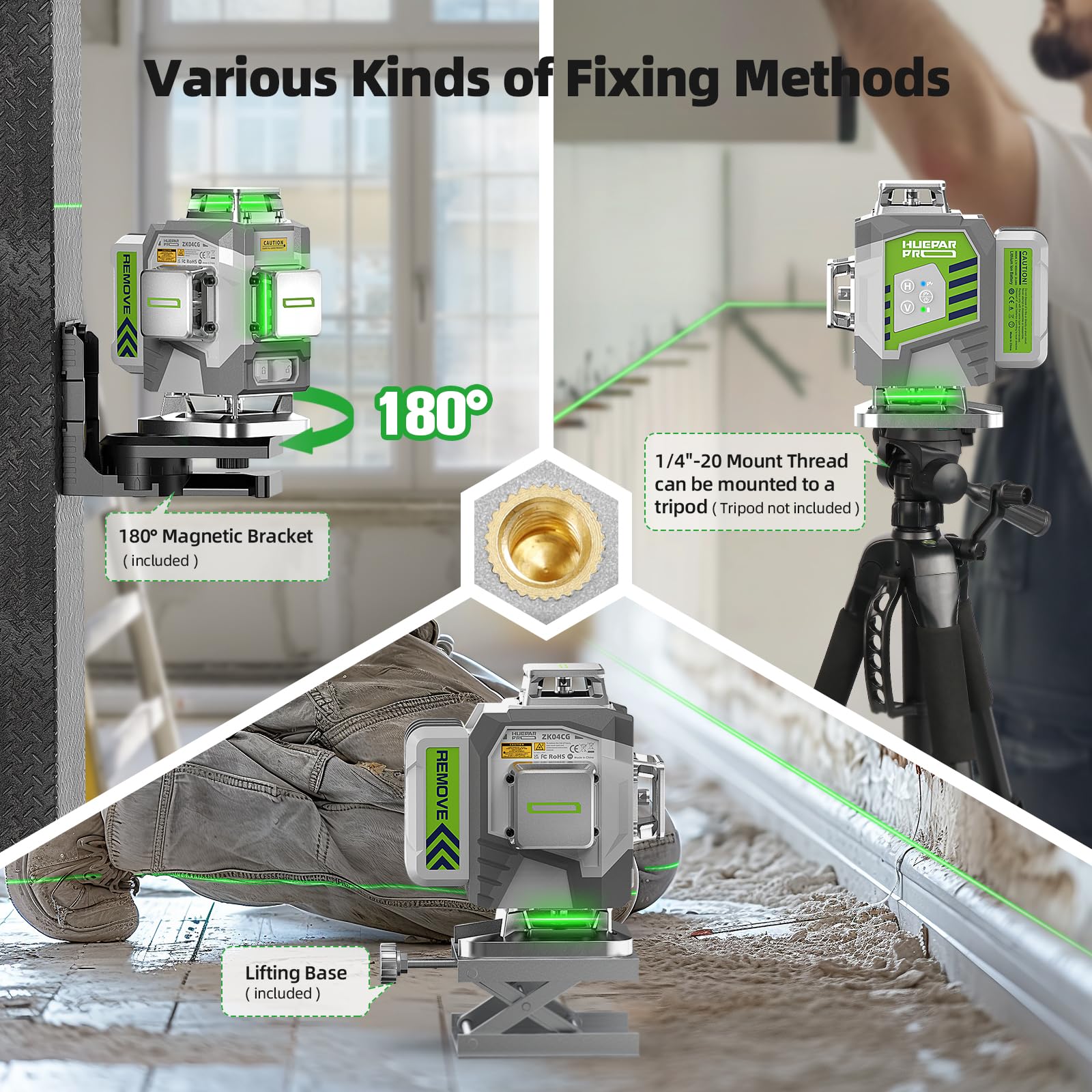 Huepar Pro 360 floor line aids tiling and layout for accurate edges.