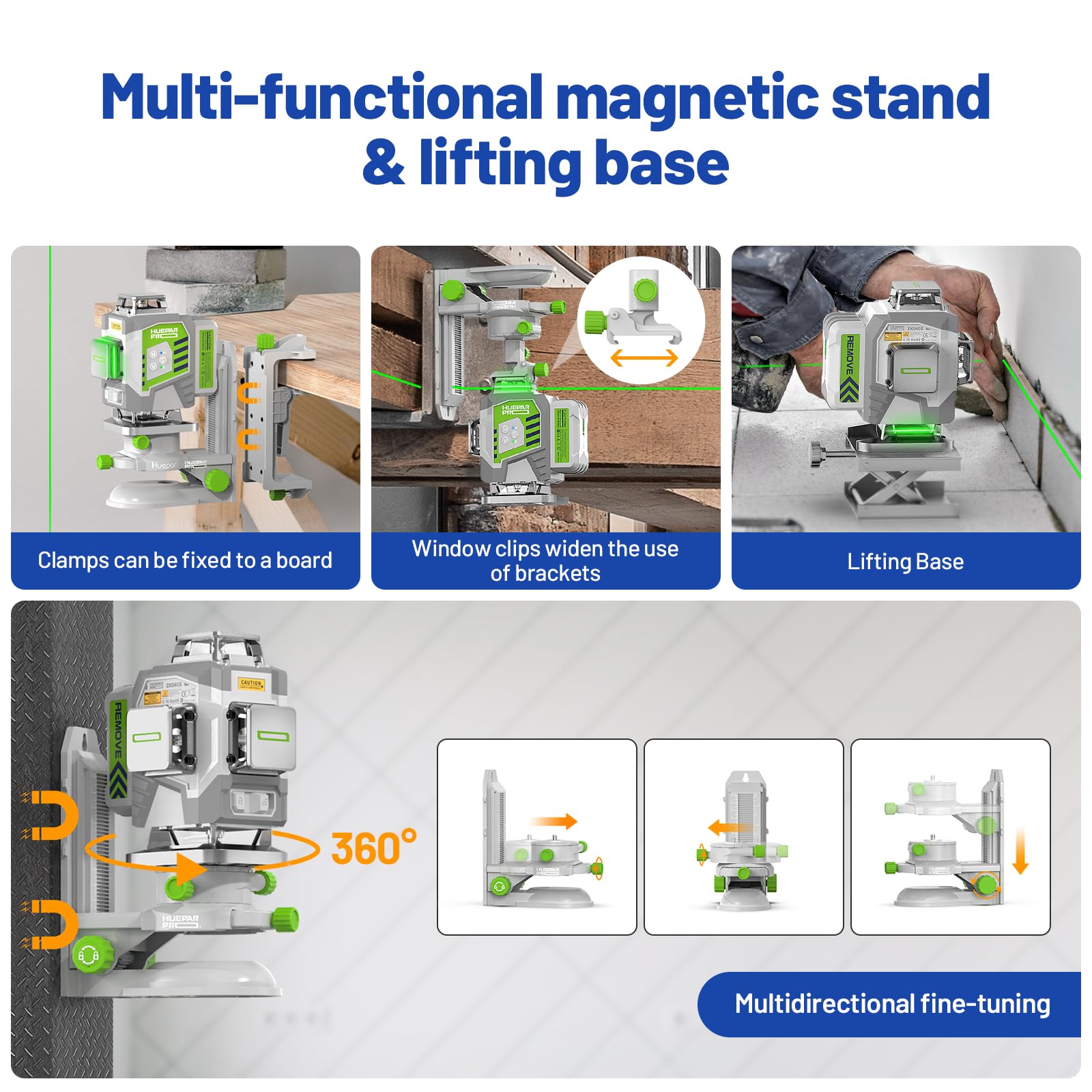 Huepar Pro lifting base adjusts height for tile and floor alignment.