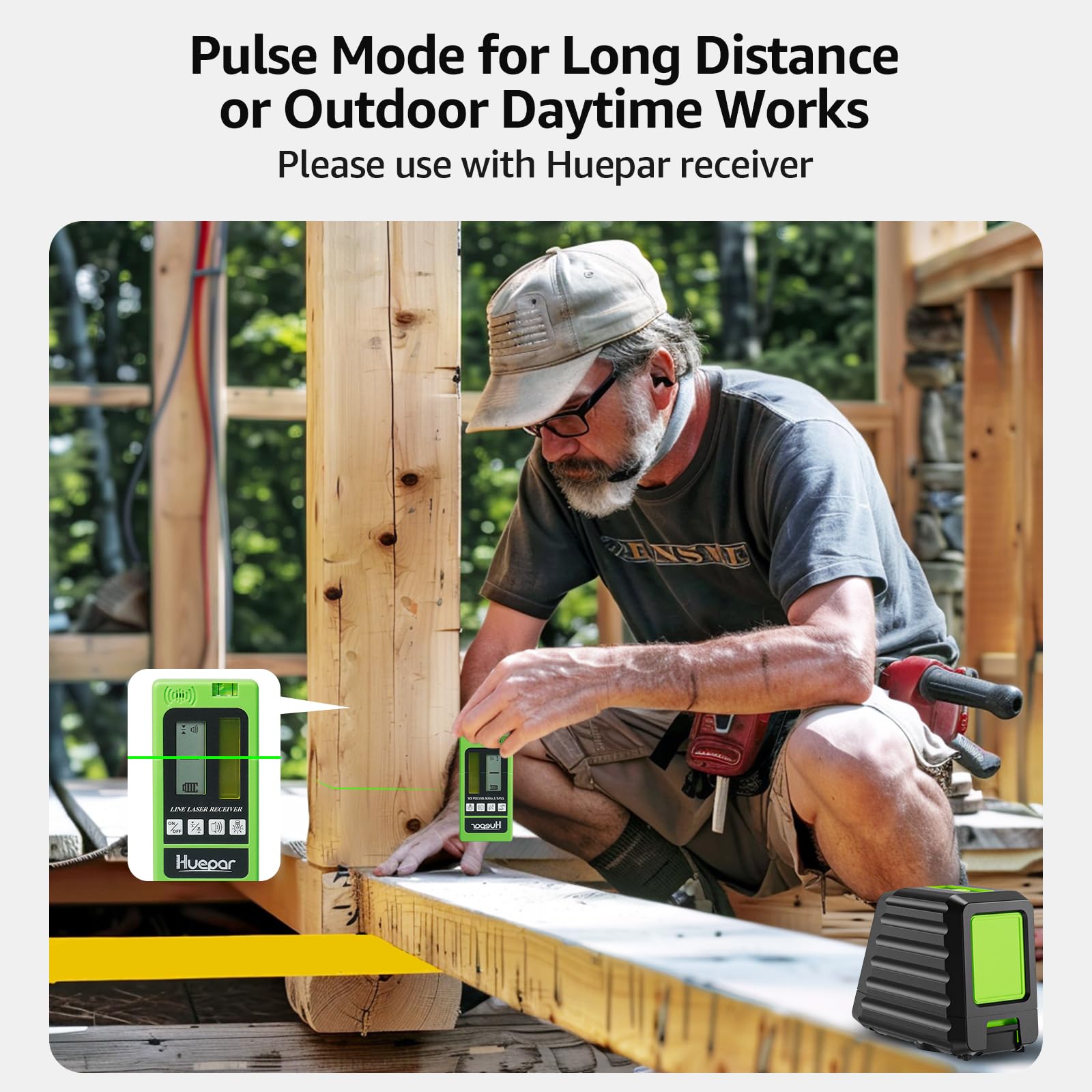 Huepar BOX-1G Pulse Mode extends range for outdoor alignment with receiver.