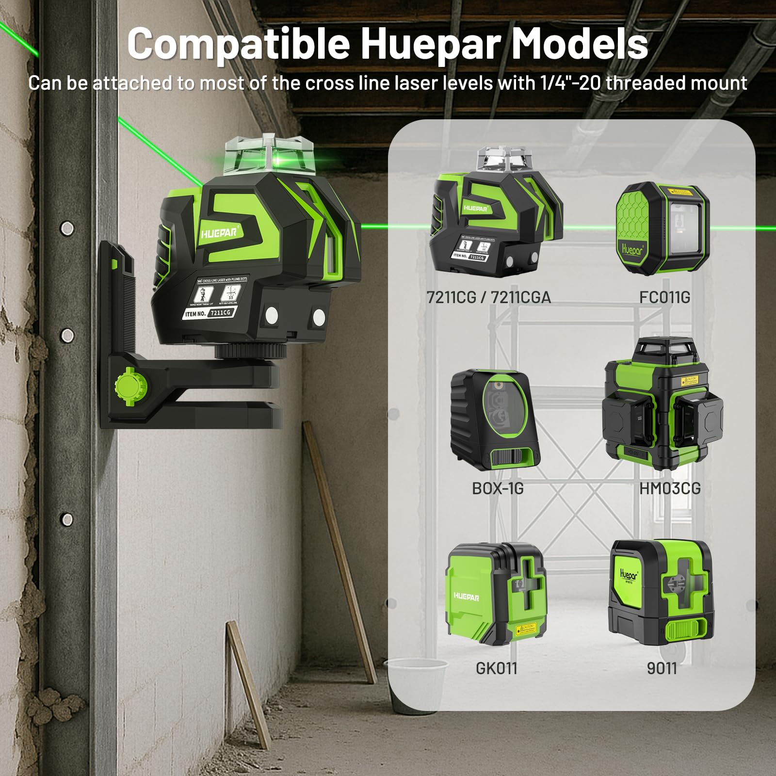 Huepar PV12 wall and ceiling mounting simplifies tool positioning on job sites.