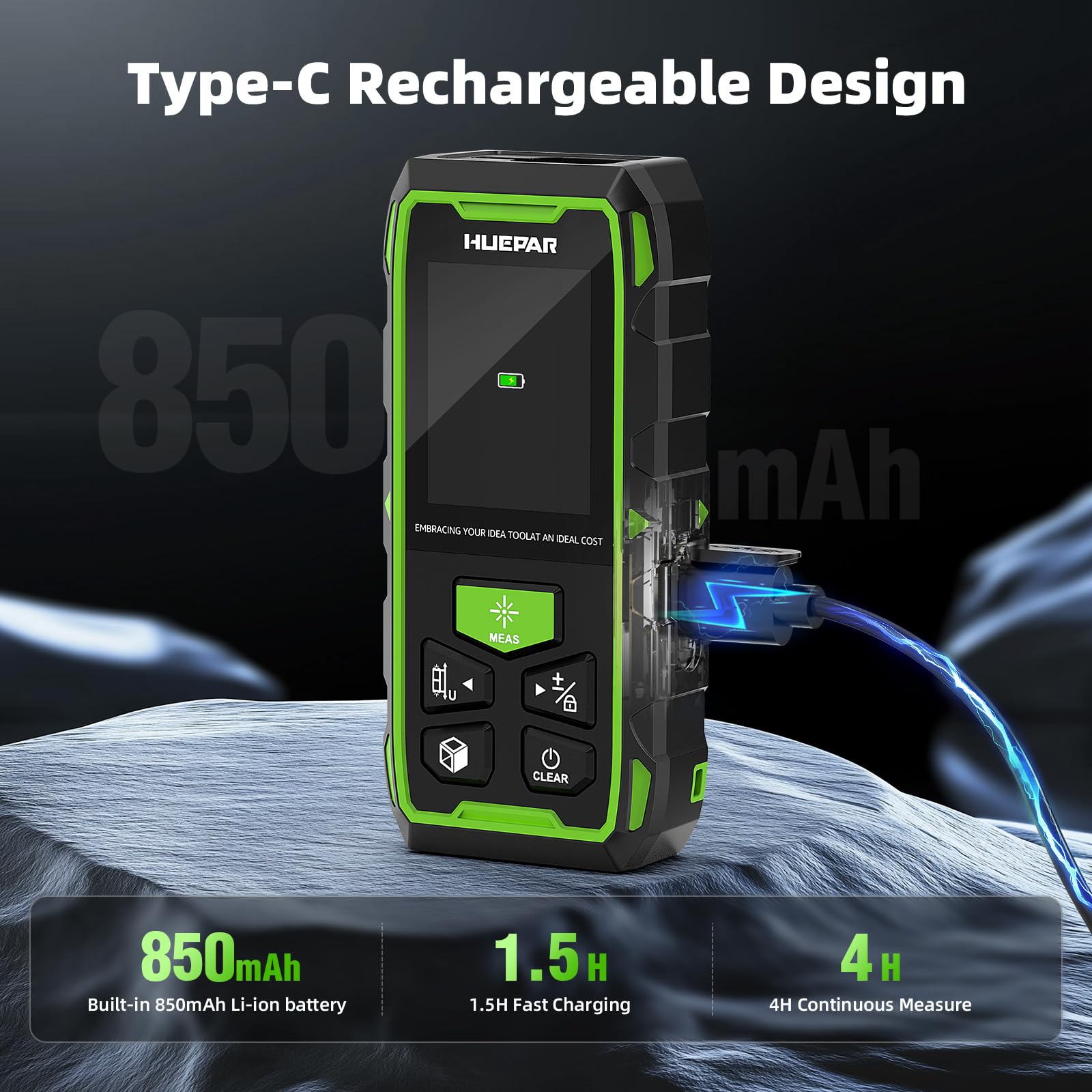 Huepar rechargeable 850 mAh battery with Type-C charging for extended on-site use