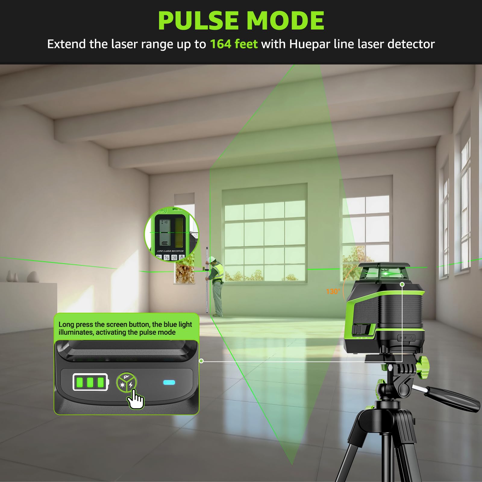 Huepar self‑leveling with manual and pulse modes for flexible setup
