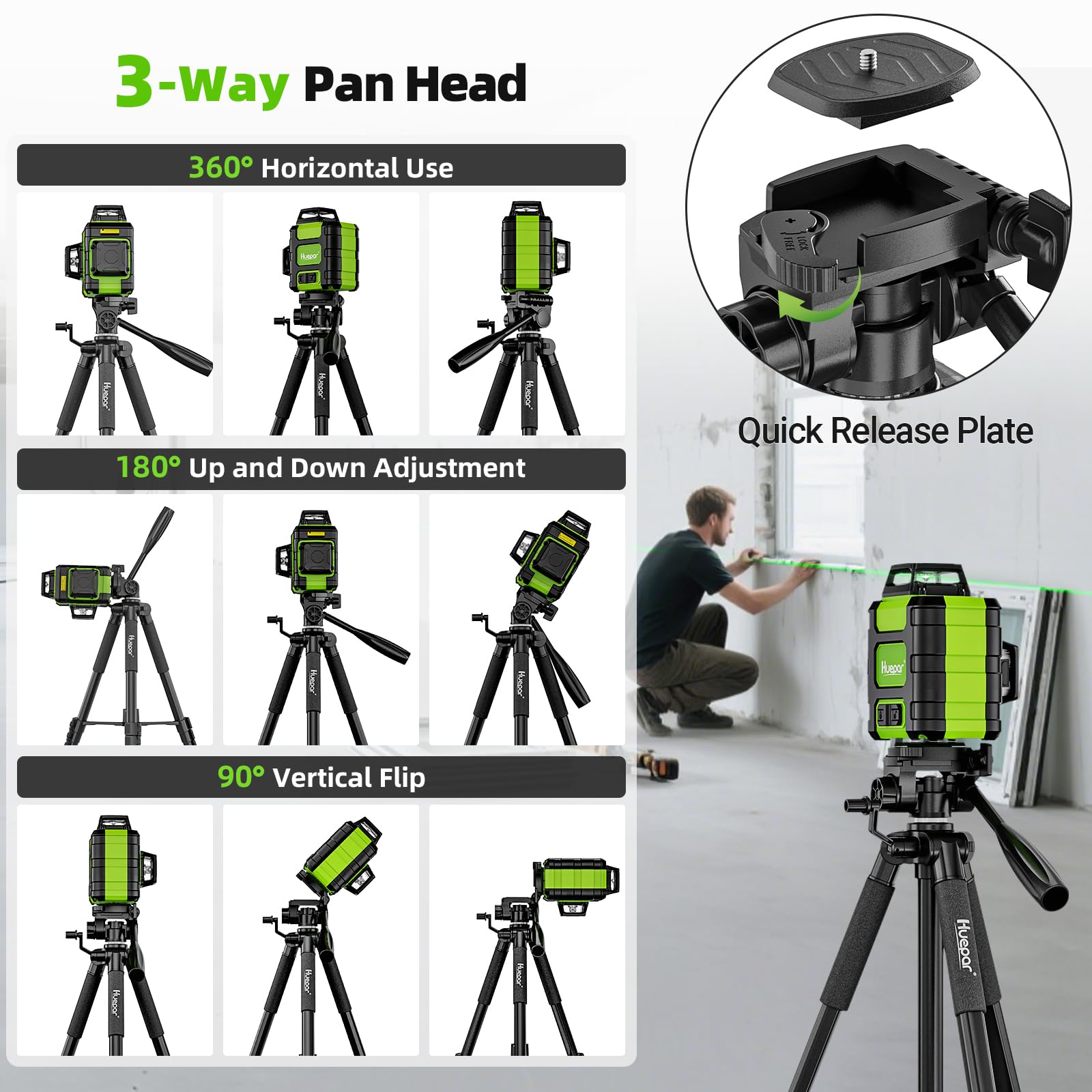Huepar 360-degree pan head enables flexible alignment during measurements.