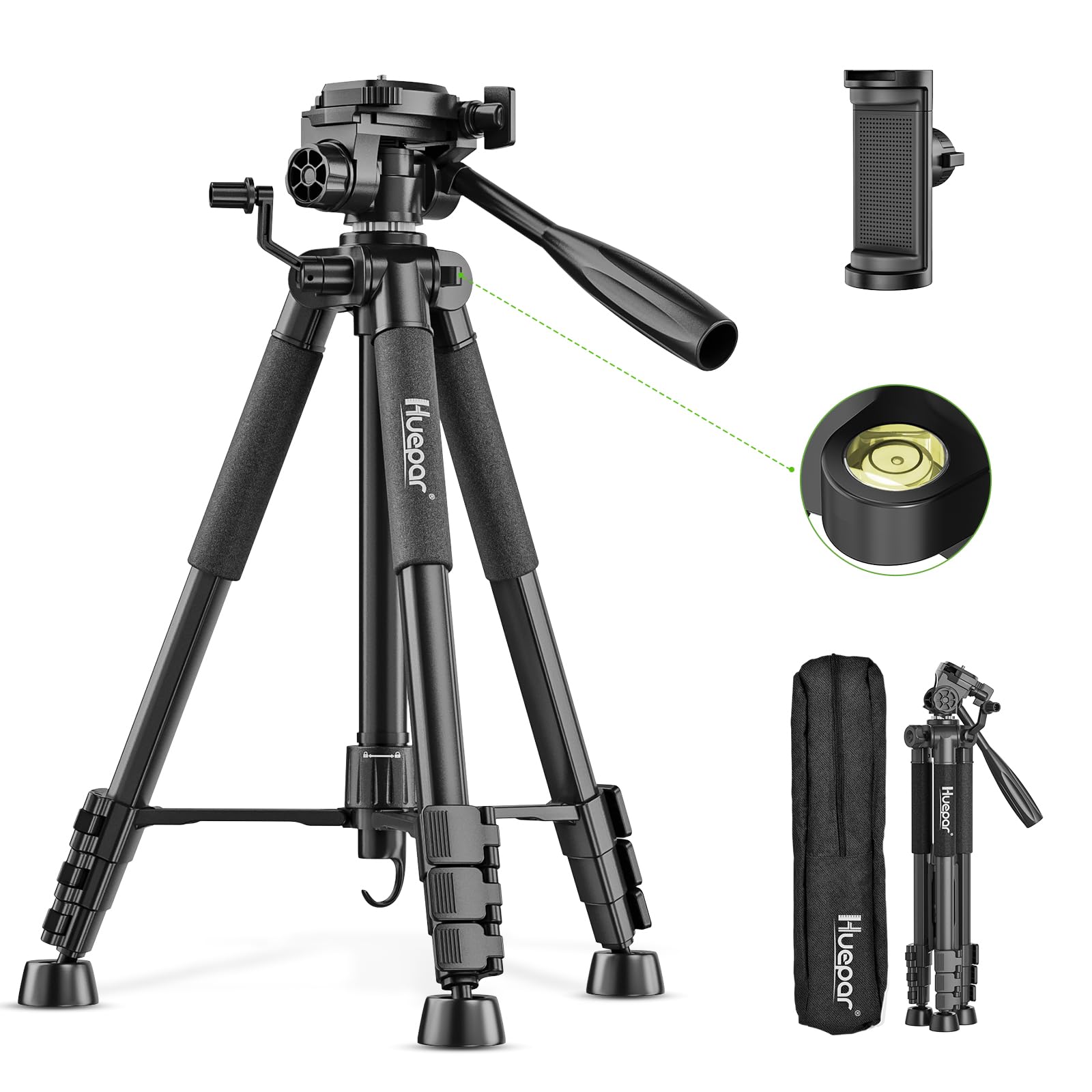 Huepar tripod extendable height for precise setups on uneven surfaces.