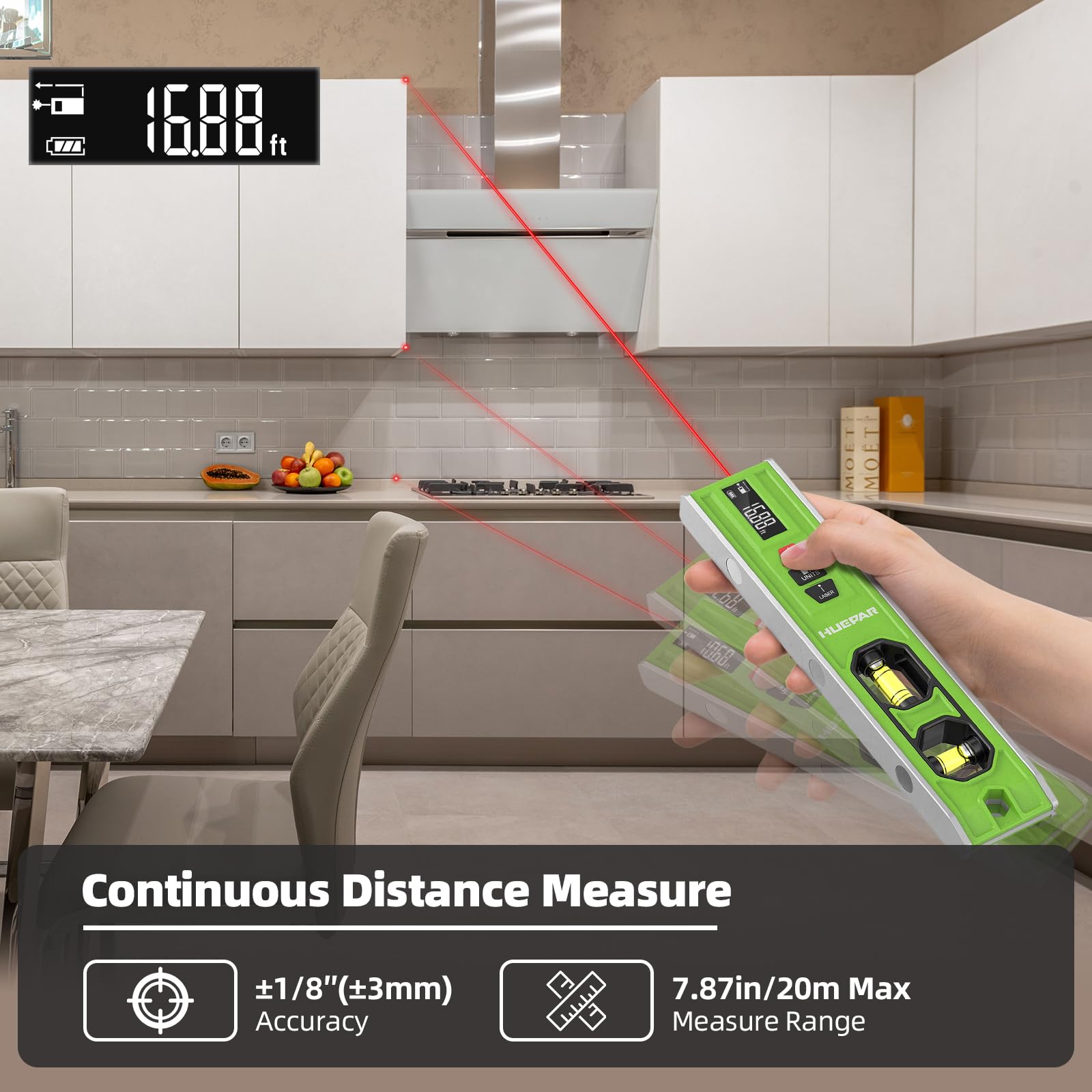 Huepar VJ10 distance measurement display showing room dimensions