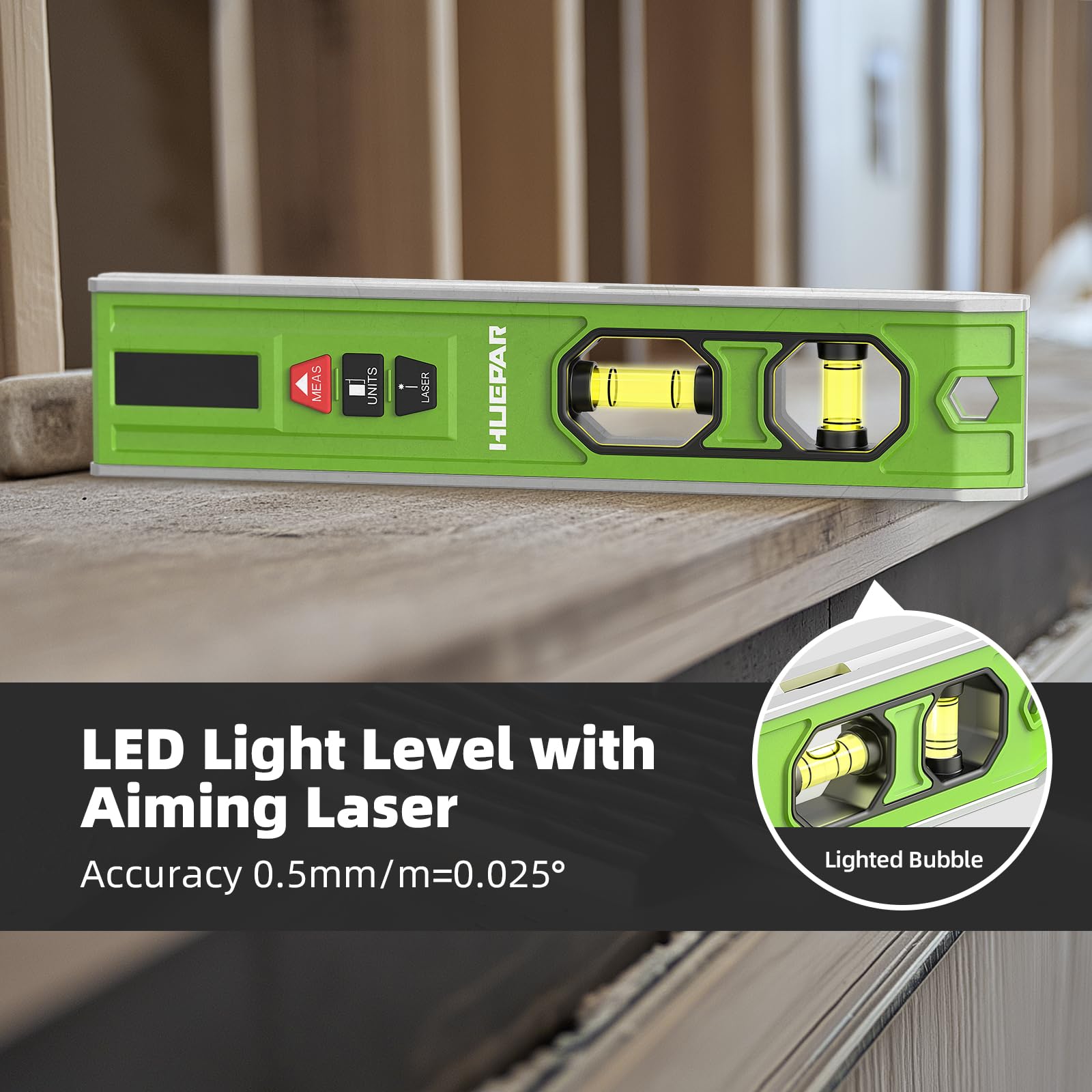 Huepar VJ10 LED display and illuminated bubble reading clearly