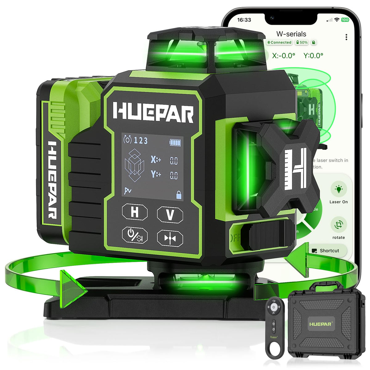 Huepar W04CG 360 base rotation for quick alignment on large walls.