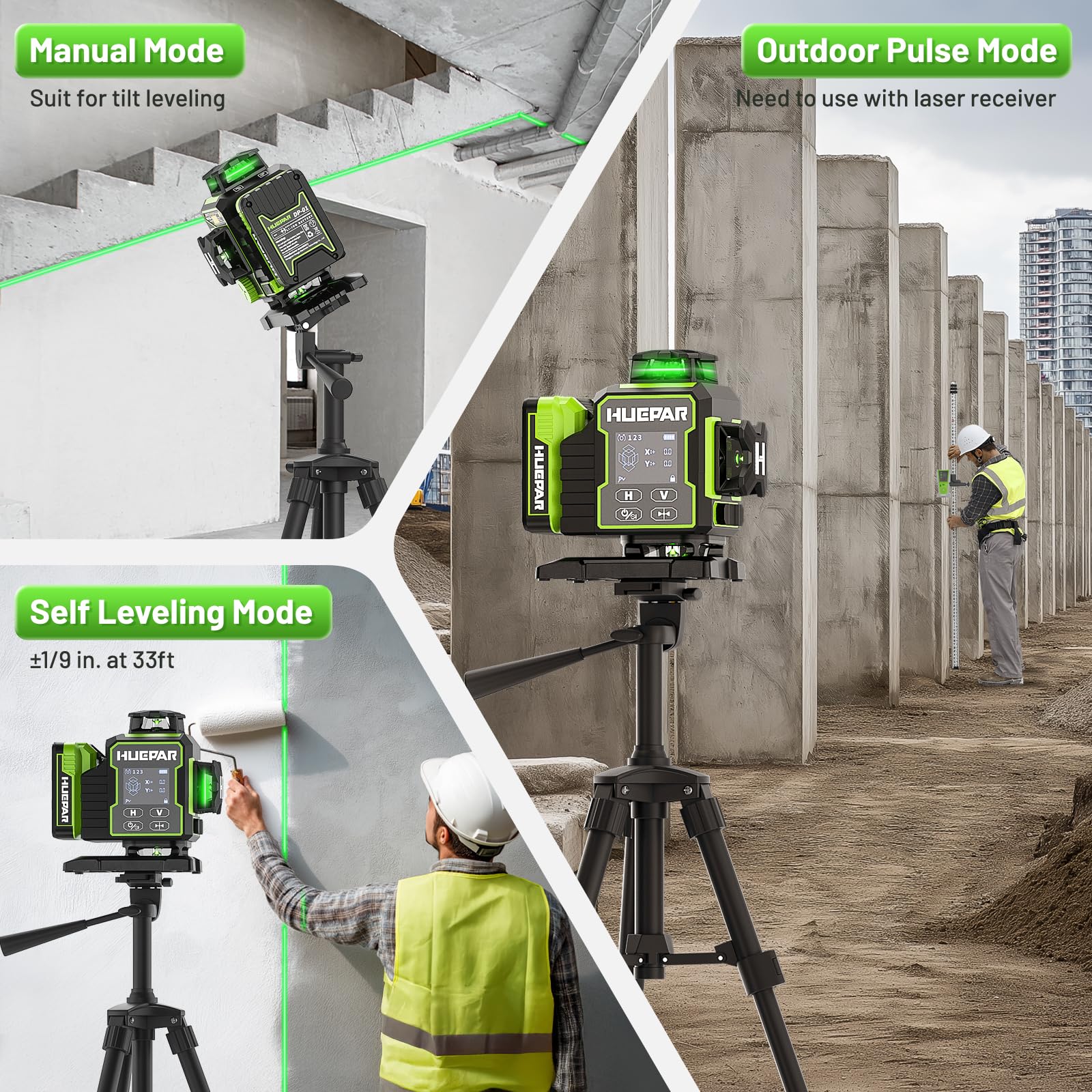 Huepar W04CG floor-tiling laser line guides precise bottom-level reference