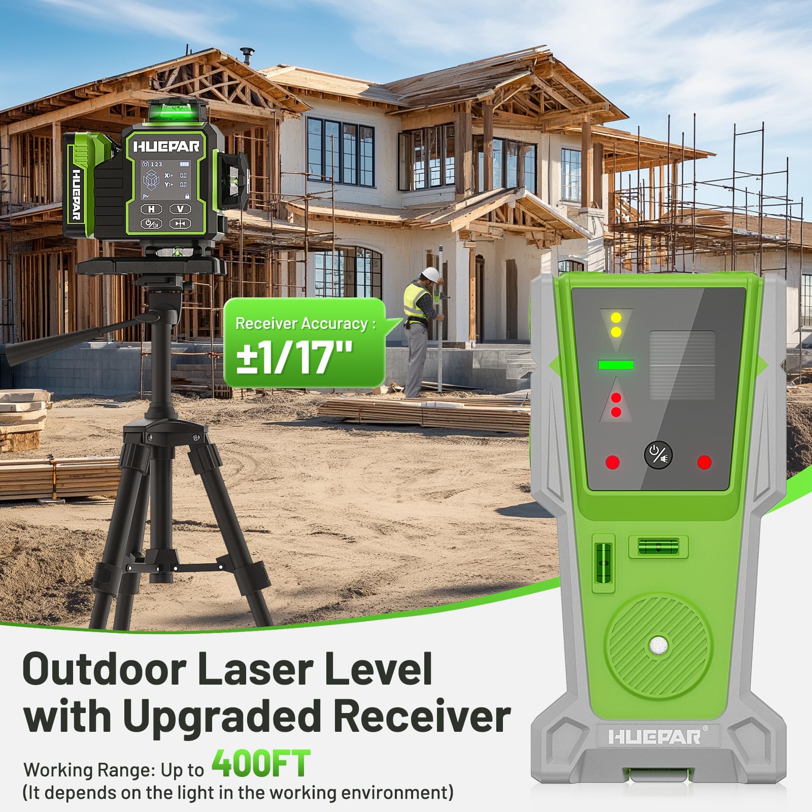 Huepar W04CG four 360-degree green lasers illuminate full-room layout