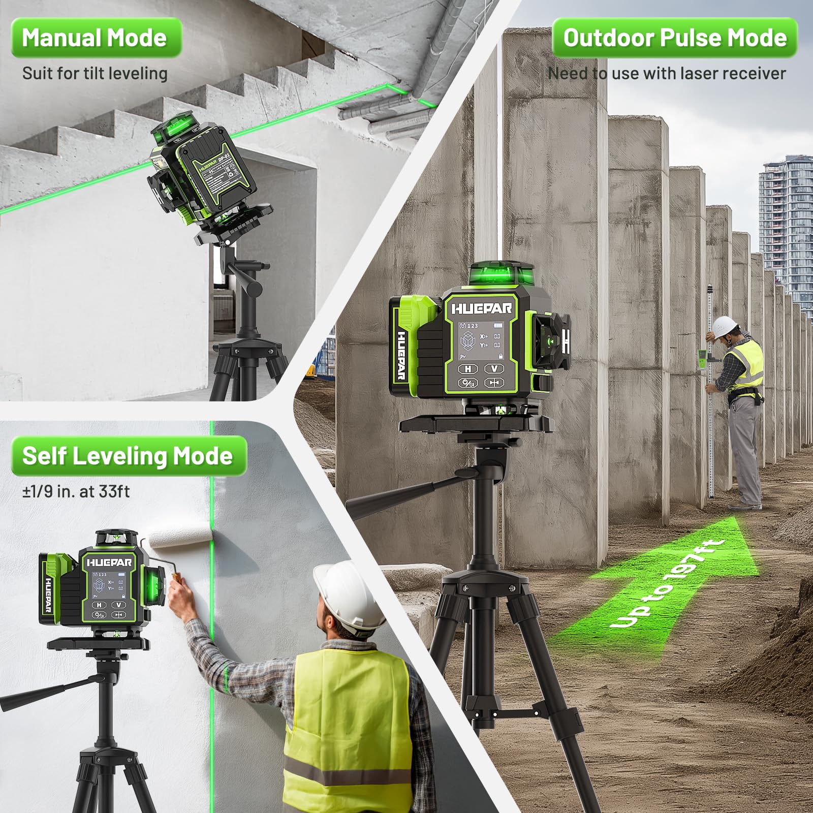 Self-leveling, manual, and pulse modes adapt to bright outdoor or dim indoor environments.