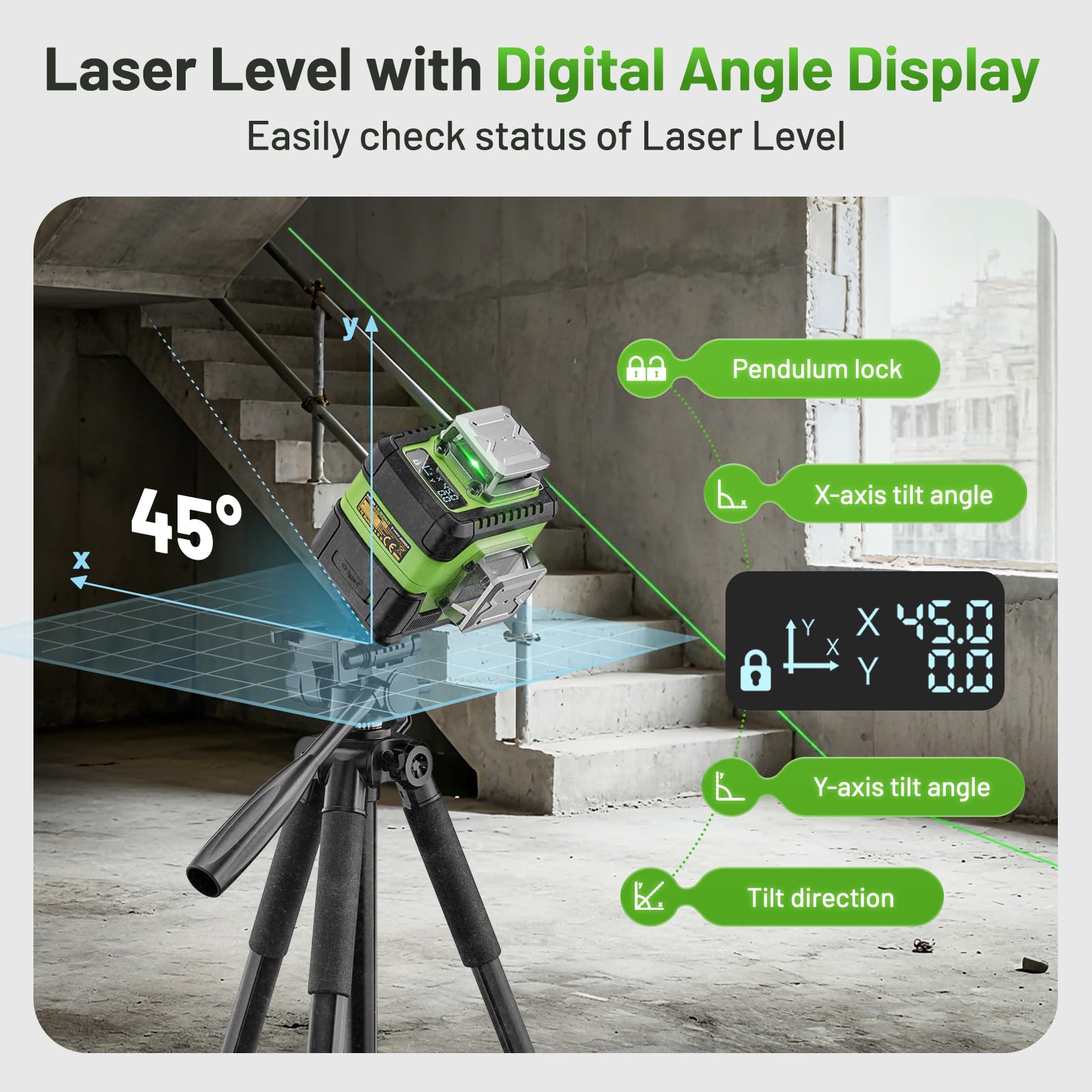 Huepar Y04CG LCD angle display for precise angle readouts and alignment