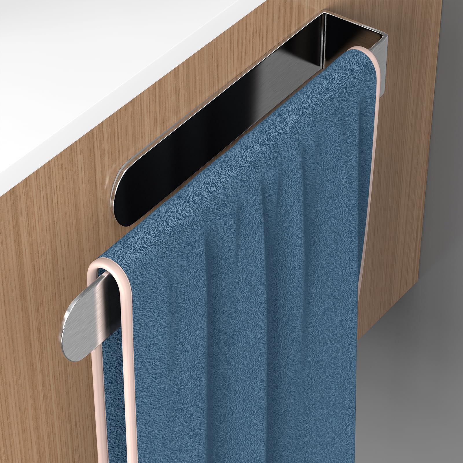 HUFEEOH hand towel holder mounted on wall with adhesive and brushed stainless finish.