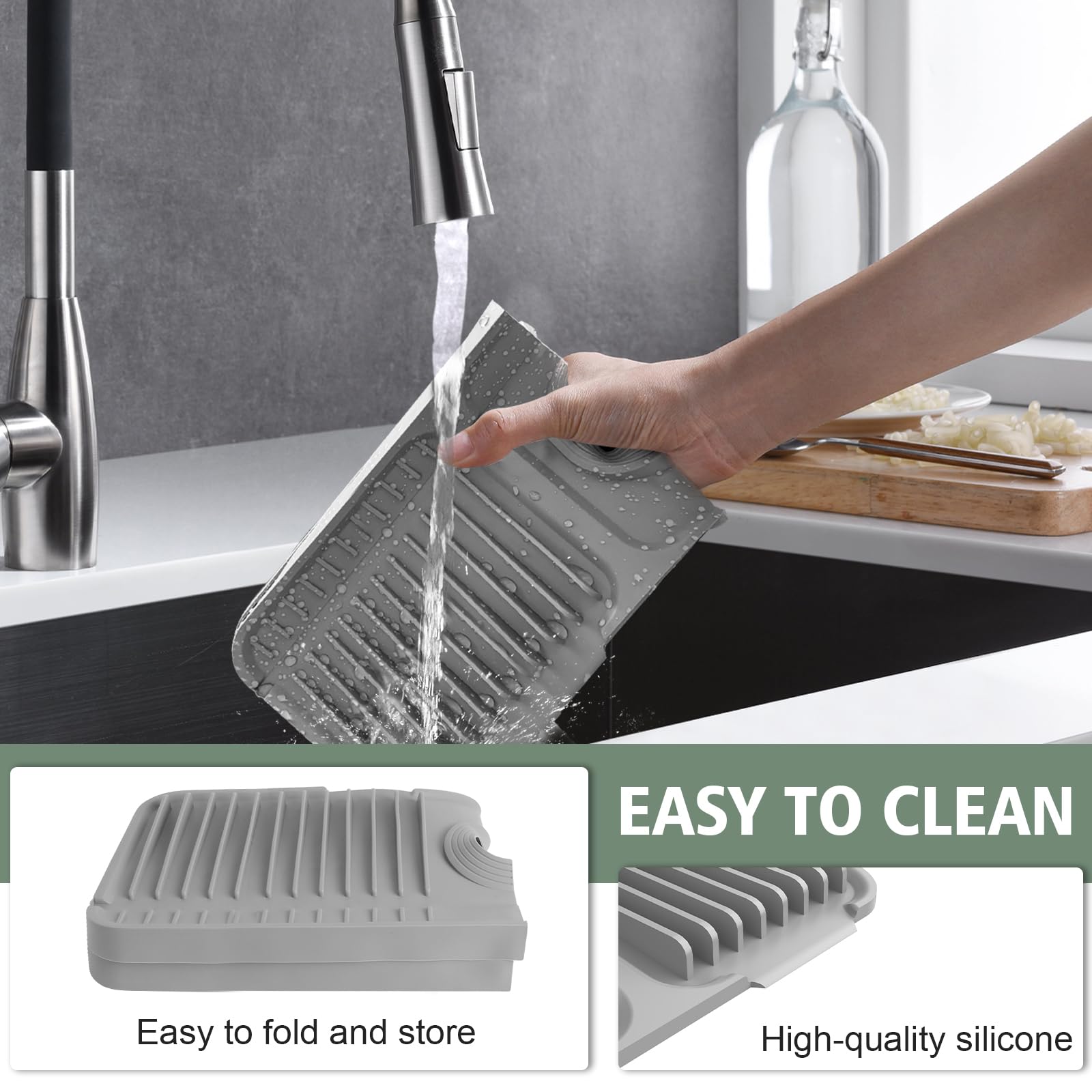 Hugro Tarfive dish drying mat solution helps keep countertops tidy in kitchens and small spaces.